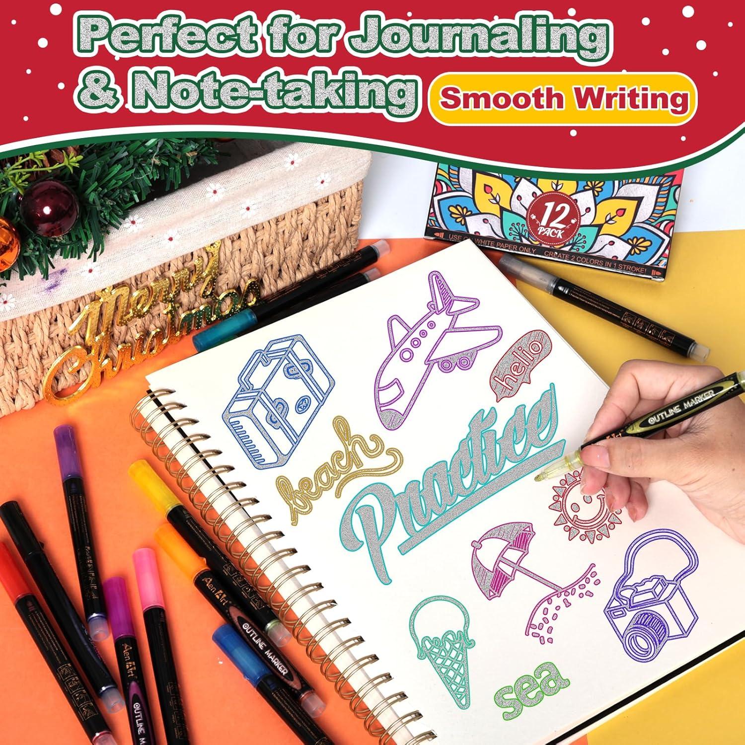 imageAen Art 12 Glitter Markers Outline Shimmer Pens Christmas Stocking Stuffers for Teen Metallic Coloring Pens Gift Arts Craft Supplies for DIY