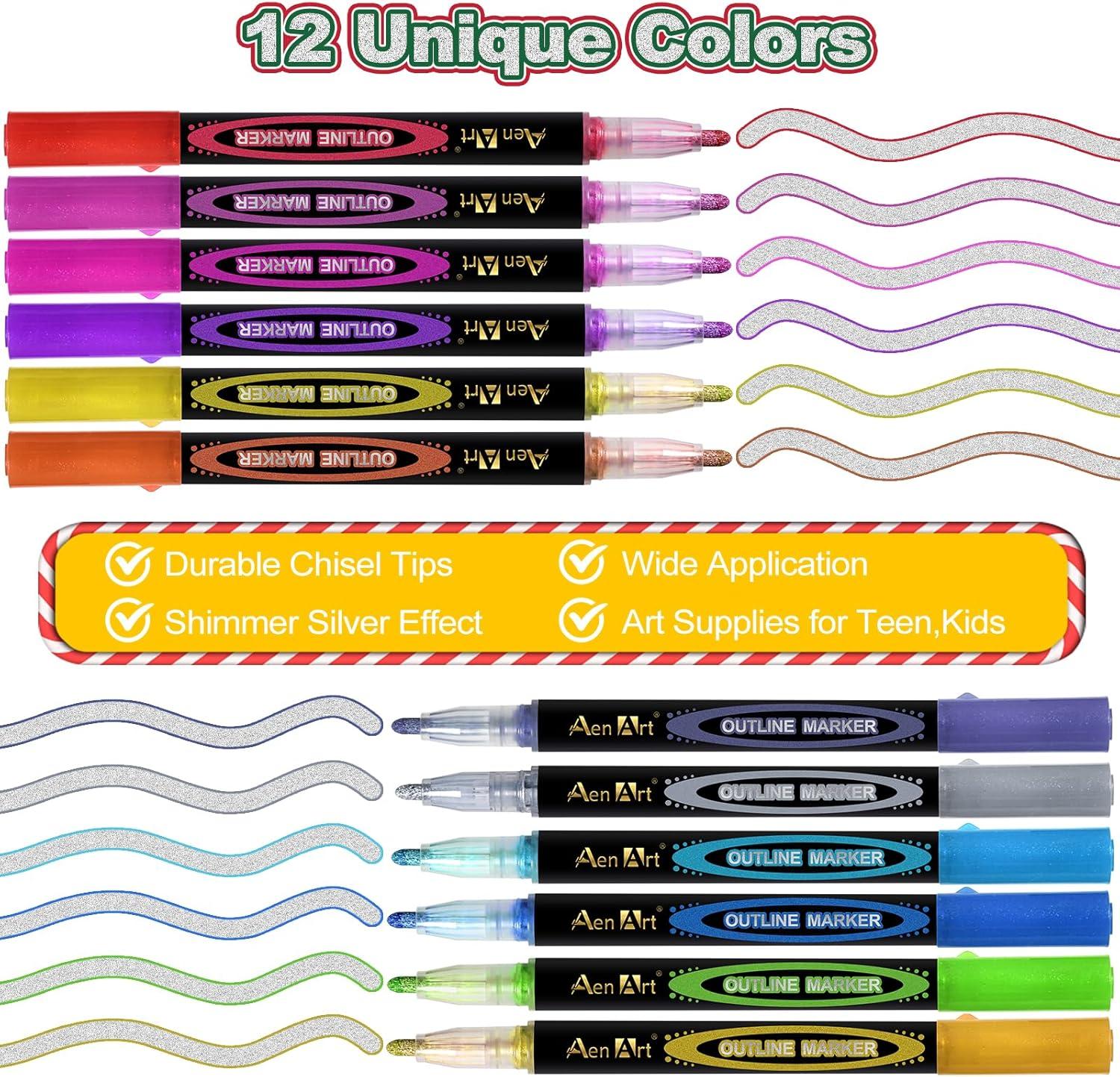 imageAen Art 12 Glitter Markers Outline Shimmer Pens Christmas Stocking Stuffers for Teen Metallic Coloring Pens Gift Arts Craft Supplies for DIY