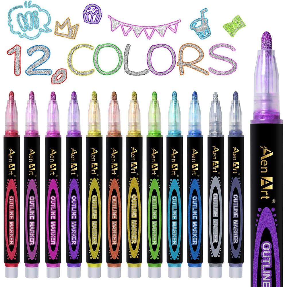 imageAen Art 12 Glitter Markers Outline Shimmer Pens Christmas Stocking Stuffers for Teen Metallic Coloring Pens Gift Arts Craft Supplies for DIY
