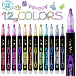 imageAen Art 12 Glitter Markers Outline Shimmer Pens Christmas Stocking Stuffers for Teen Metallic Coloring Pens Gift Arts Craft Supplies for DIY