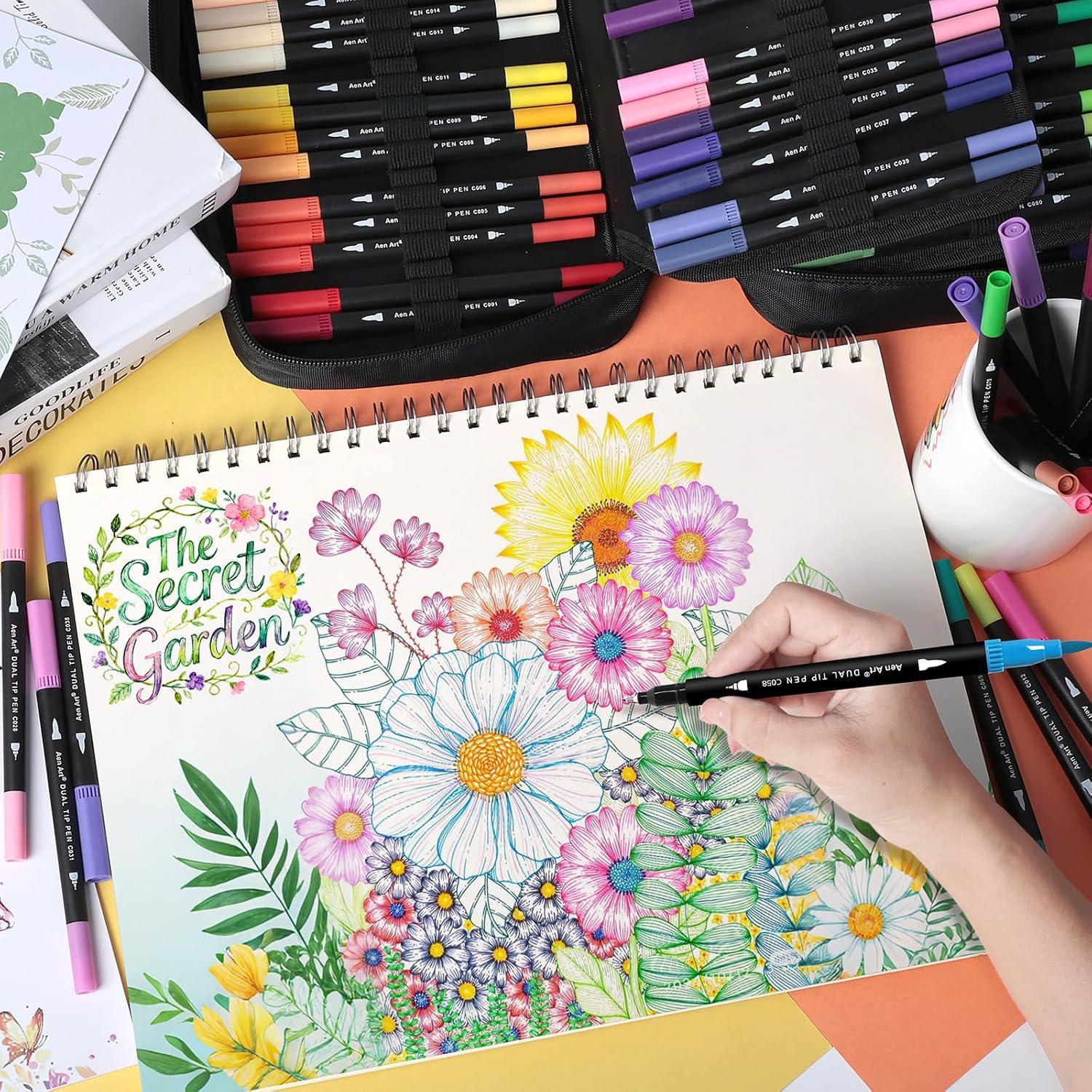 image120 Colors Dual Tip Brush Pens Art Markers for Adult Coloring Books Artist Drawing Sketch Markers Set with Fine ampamp Brush Tip120 Colors